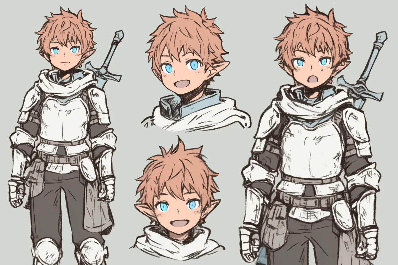 勇敢な少年の鎧キャラクター｜明るい髪と透き通るような瞳が印象的な少年騎士のデザイン。軽装でありながら全身をしっかり防御し、布のレイヤーが親しみやすさを演出する鎧キャラクター。
