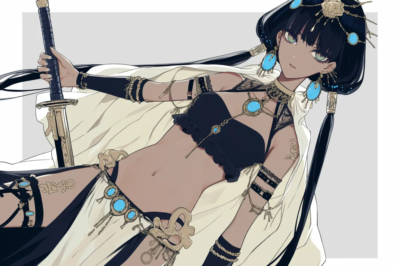 金装飾が煌めく舞姫剣士キャラクター|大胆な衣装と豊かな装飾、しなやかなポーズが華やかさを際立たせる。戦いと美を融合させたような剣士キャラクターとして異彩を放つスタイル。