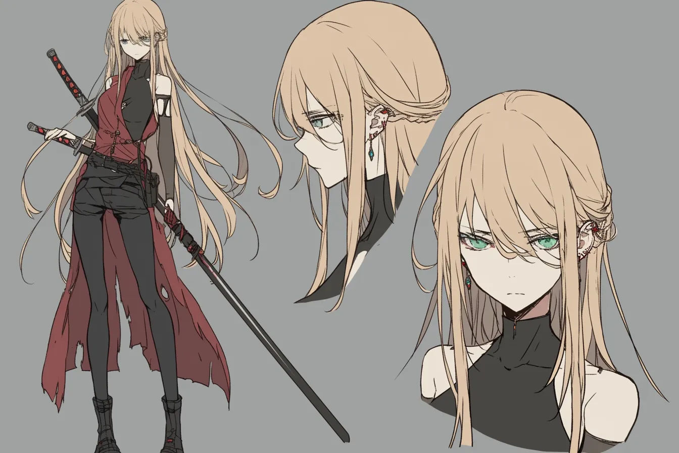 赤衣を裂く誓いの剣士キャラクター|左右非対称な髪の流れと深紅の衣装が、心に秘めた決意の強さを感じさせる。理知的な眼差しと静かな怒りが宿る、鋭さと理性を持つ剣士キャラクター。