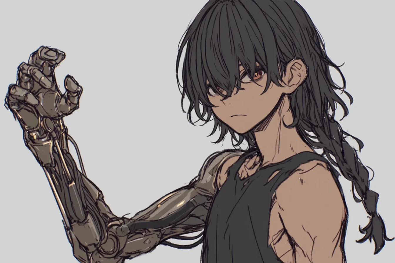 鋭いまなざしの義手キャラクター｜黒髪でクールな少年が義手を構える姿が印象的な一枚。繊細な線画とリアルな金属表現が魅力で、義手キャラクターの強さと孤高さを引き立てている。