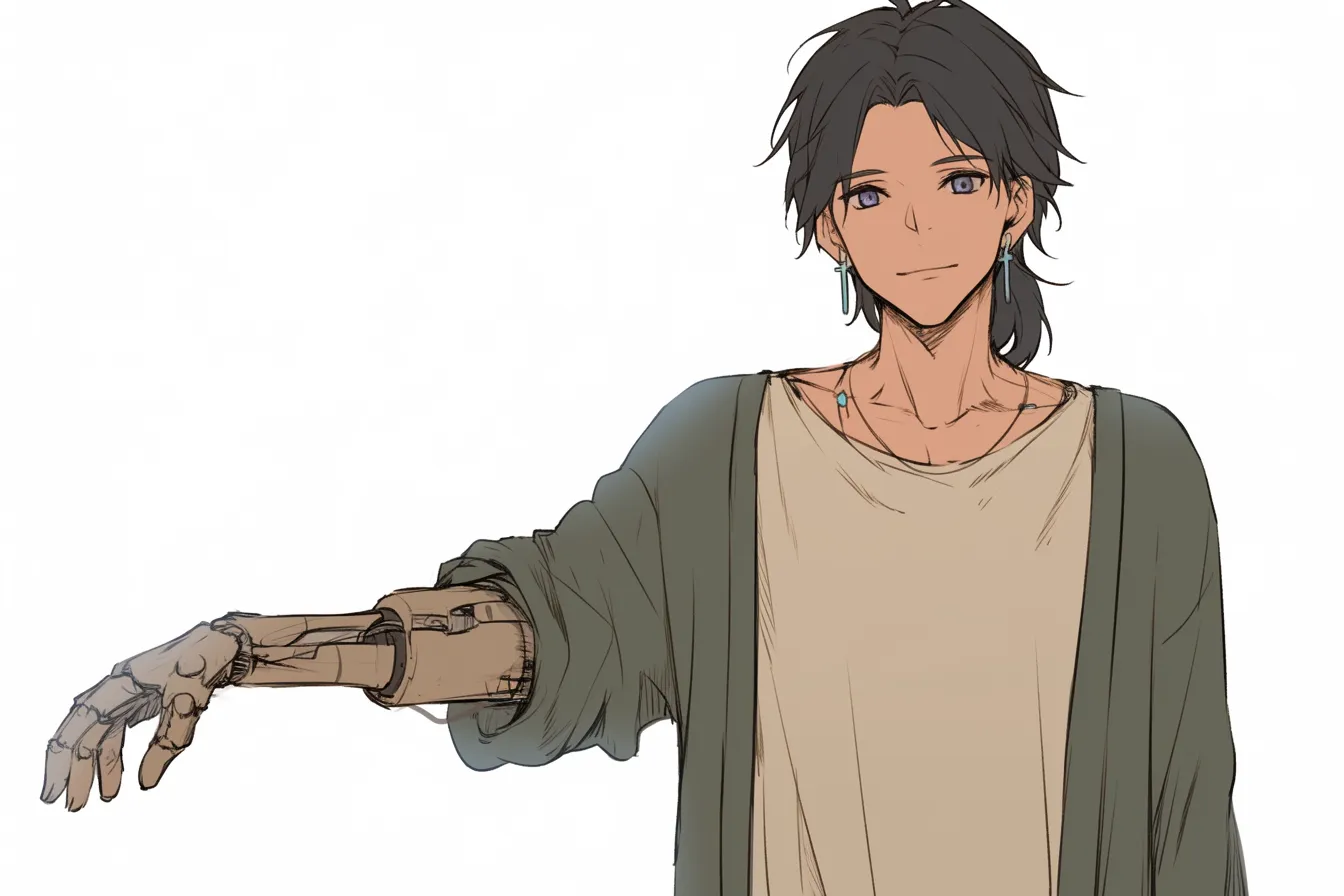 穏やかな微笑みの義手キャラクター｜優しい表情とリラックスした服装が特徴的な青年。木製風の義手が温かみを生み、義手キャラクターとしての人間味と包容力が強く感じられる。