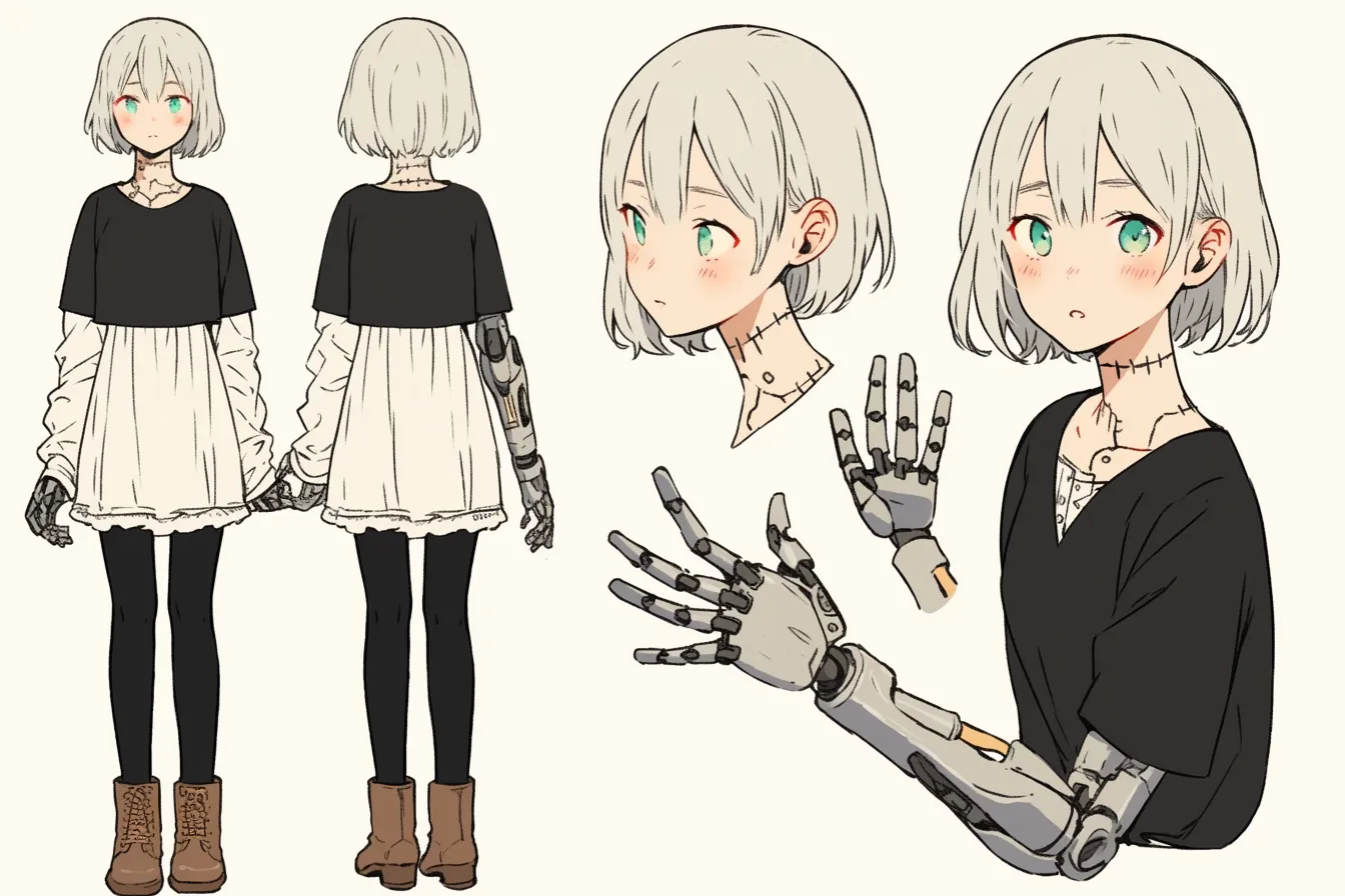 素朴な装いの義手キャラクター｜モノトーンの服と金属義手の対比が際立つ少女。表情やポーズに柔らかさがあり、義手キャラクターの中でも特にナイーブな雰囲気を演出している。