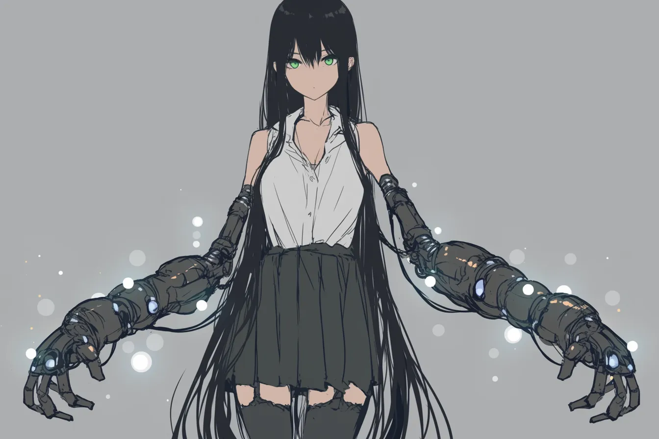 異形の腕をもつ義手キャラクター｜長い黒髪に緑の瞳が映える女性が、重厚で機械的な義手を両腕に装備。ダークファンタジー調のタッチで、義手キャラクターとしての存在感が強烈に表現されている。