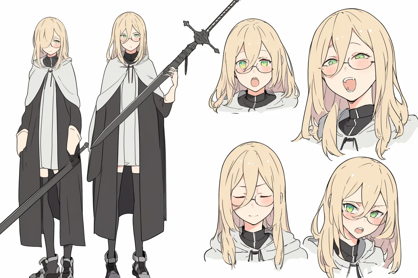 微笑みを忘れない剣士キャラクター|眼鏡と黒白のローブが知性と柔和さを表現し、多彩な表情に感情の厚みがにじむ。優しさと強さをあわせ持つ、新世代の剣士キャラクターとして親しみやすい。