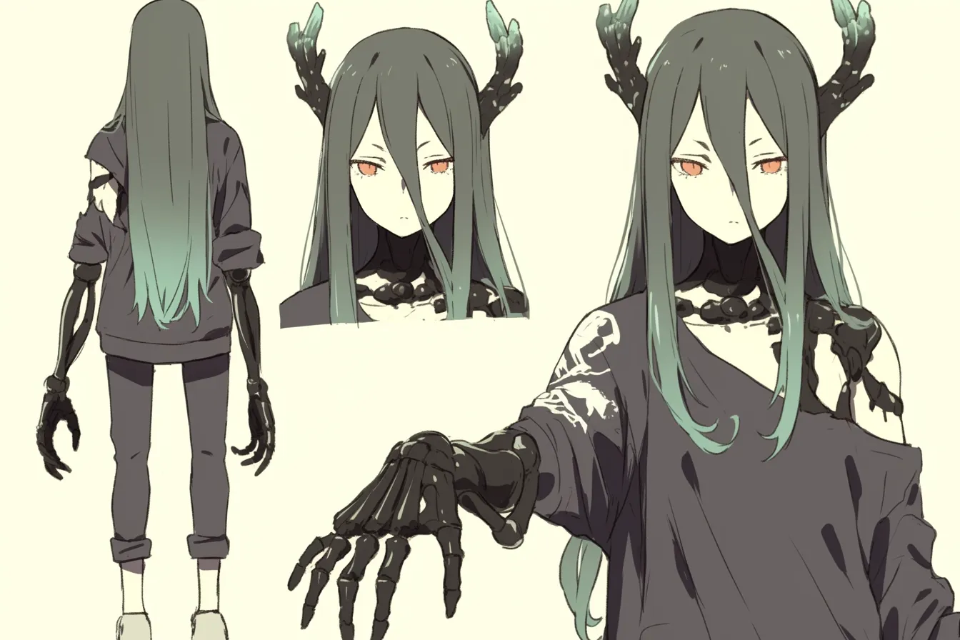 異種融合の義手キャラクター｜触手のような黒い義手と角が特徴的な少女。無機質でありながら美しさを湛えた姿が印象的で、義手キャラクターの中でも異形の神秘性を強く漂わせている。