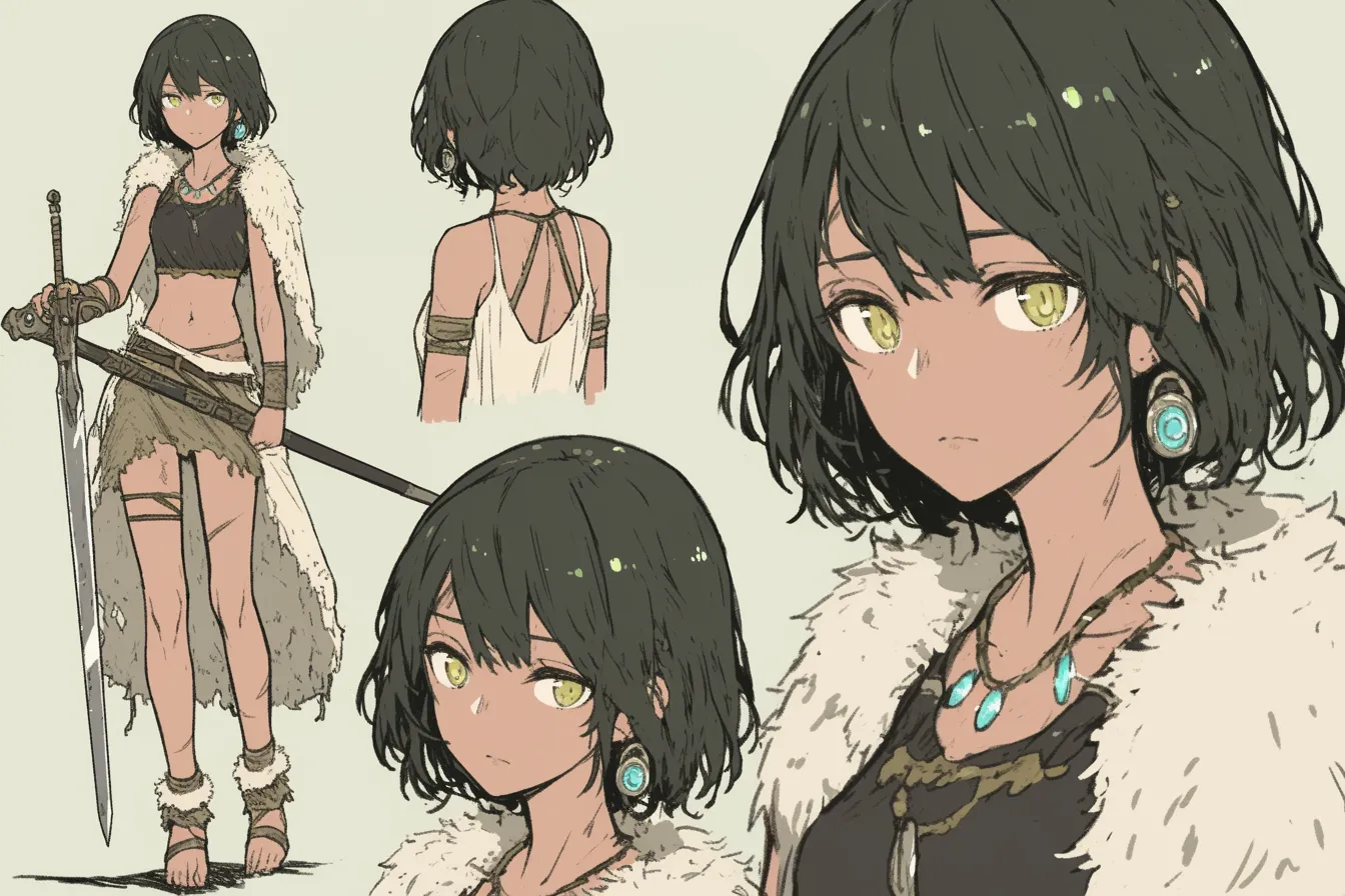 獣毛まといし野性剣士キャラクター|粗削りな衣服と素足が自然とのつながりを想起させ、野性味あふれる魅力が際立つ。戦士として生きる本能を感じさせる剣士キャラクターの力強さが光る。