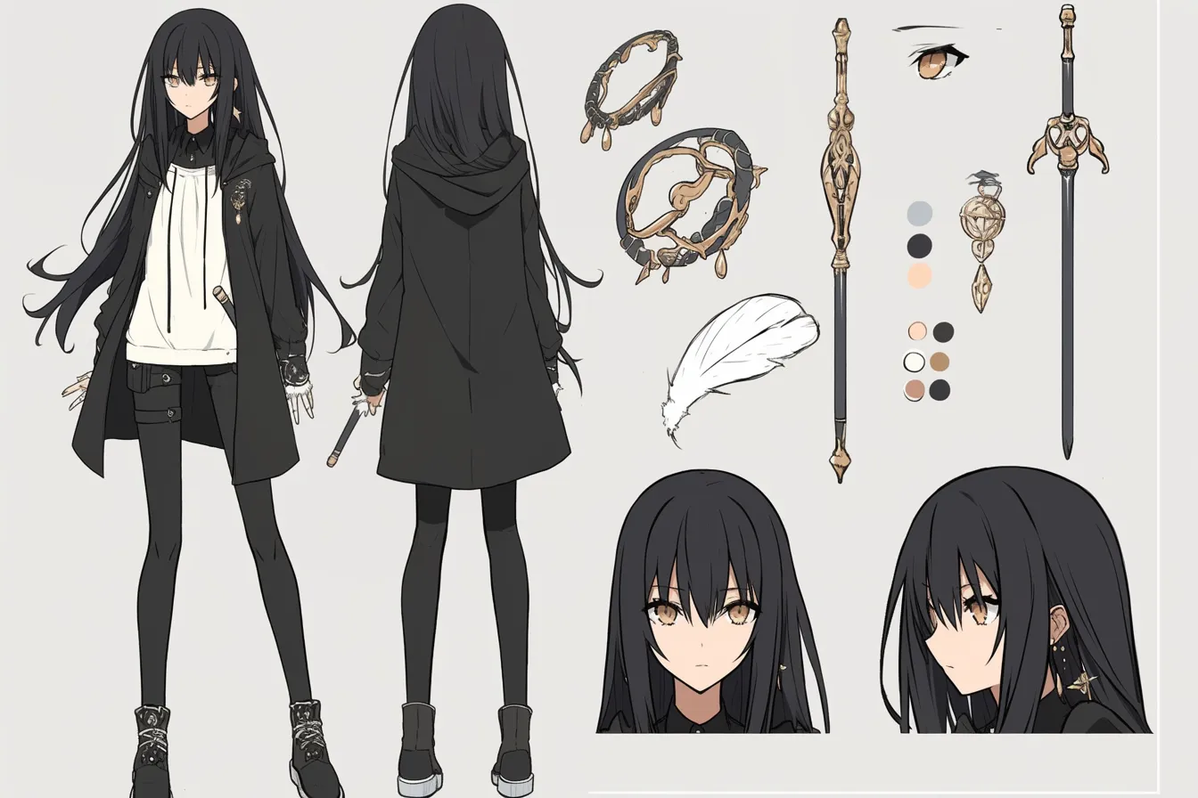 黄金装飾を秘めた都会的剣士キャラクター|白と黒を基調にしたモダンな装いに、繊細な金装飾が映える洗練されたデザイン。静かで冷静な表情に芯の強さを宿した剣士キャラクターとして魅力的に仕上がっている。