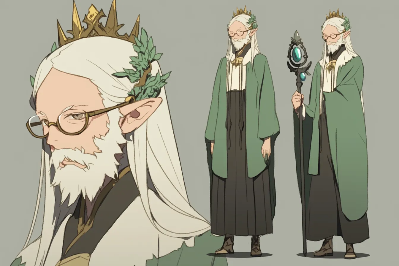 森の智者な王様キャラクター｜クラシカルな緑の衣と冠飾りが印象的な王様キャラクター。穏やかな表情と老練な雰囲気に、賢王としての重厚感がにじむ落ち着いた構図と配色。