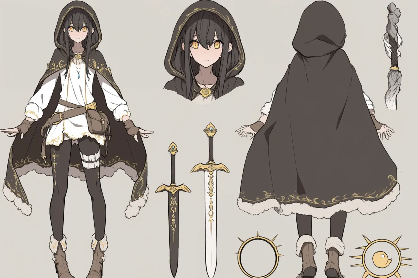 フード付きローブの幼き剣士キャラクター|深いフードに包まれた姿が魔法使いのようでもあり、金刺繍の装飾が神秘性を強める。小柄ながらも確かな眼差しを持つ剣士キャラクターとして印象に残る。