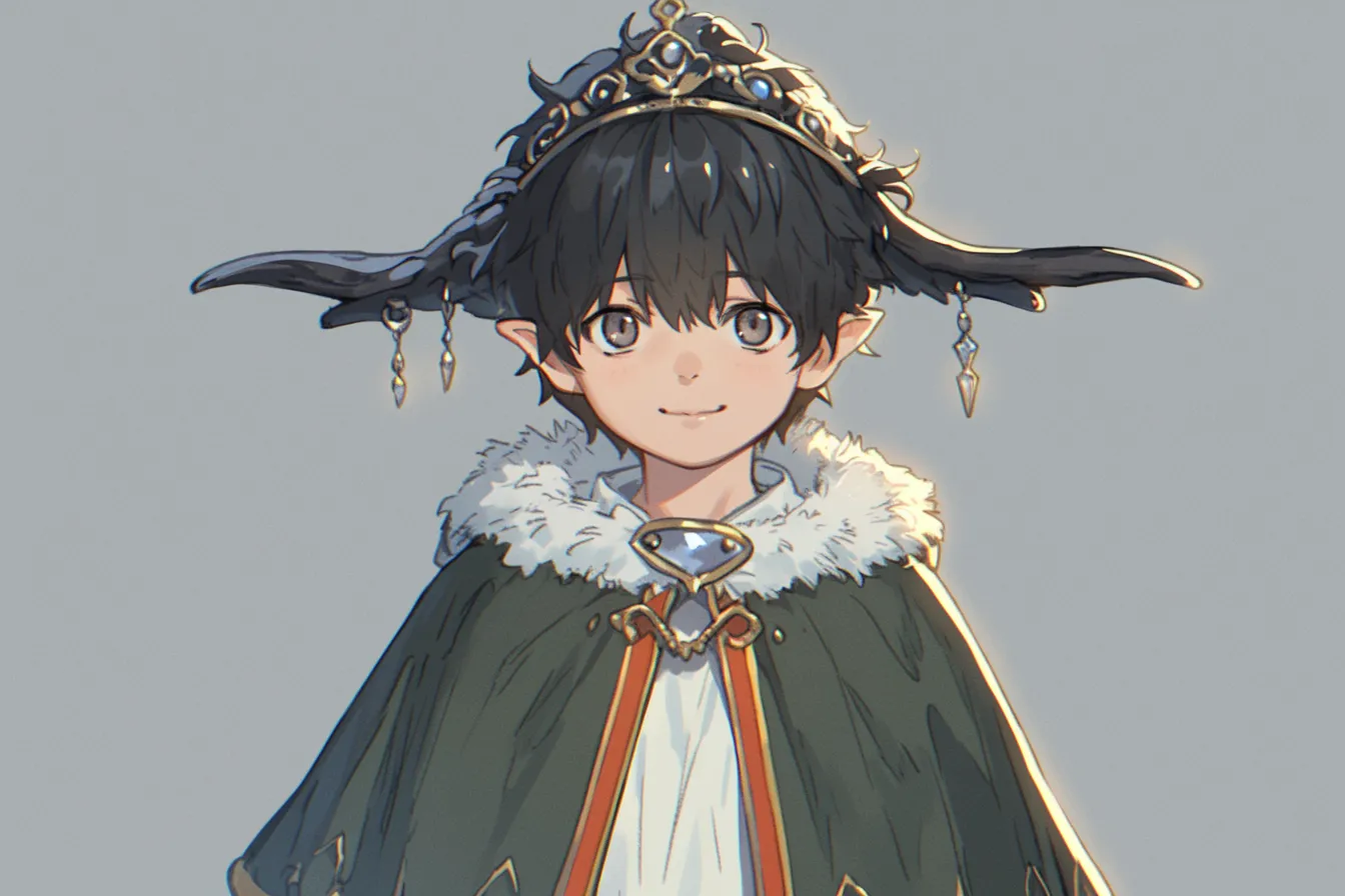 精霊の加護を受けた王子キャラクター｜特徴的なティアラと尖った耳が印象的な王子キャラクター。自然とのつながりを感じさせる衣装とアクセサリーが、精霊と共に生きる王子キャラクターとしての魅力を高めている。