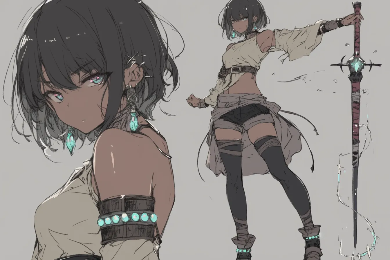 宝石のような瞳の野性剣士キャラクター|鋭い眼光と力強い立ち姿が強い意志を物語り、身体を彩るアクセサリーが存在感を増幅。野生と美を併せ持つ剣士キャラクターとして異彩を放っている。