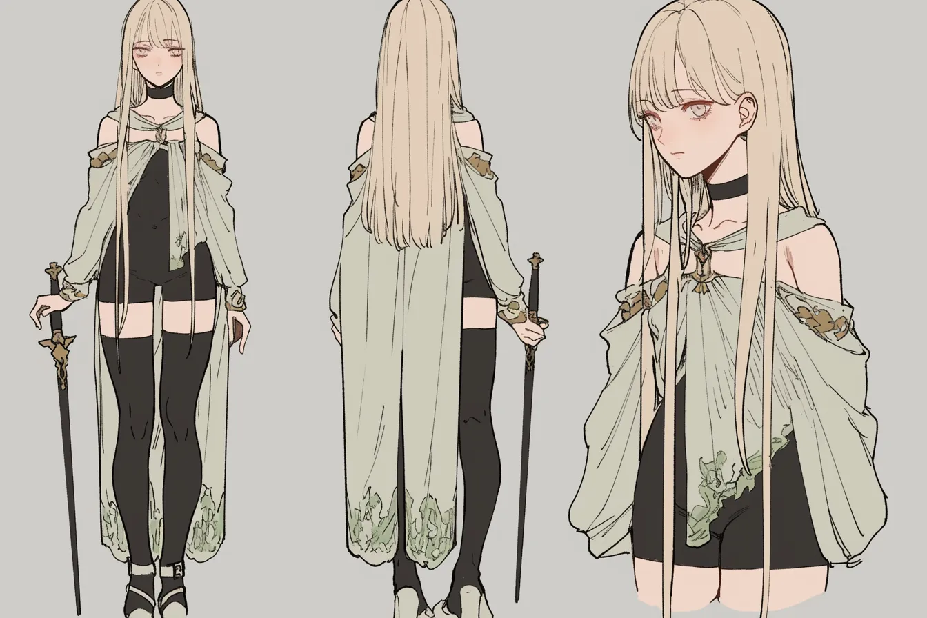 眠たげな眼差しの薄装剣士キャラクター|淡い色彩とゆったりとした衣装に、眠たげな表情が絶妙にマッチする構成。控えめながら芯のある剣士キャラクターとして柔らかな存在感を放つ。
