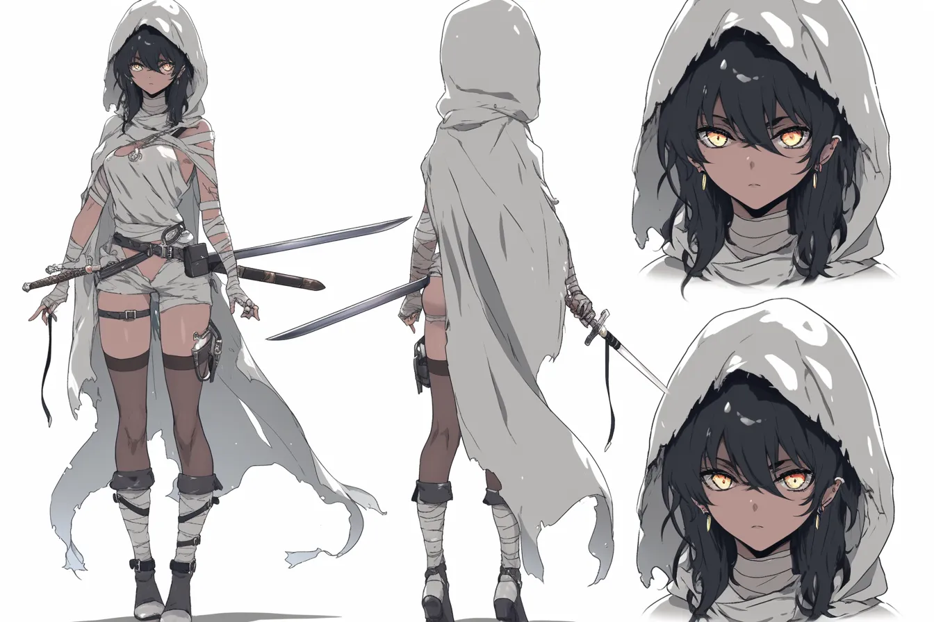 白装束の機動型剣士キャラクター|包帯と装具で武装しつつ、軽やかさと俊敏さを感じさせるバランスの取れた姿。鋭い目つきと無駄のない装いが実戦的な剣士キャラクター像を描いている。