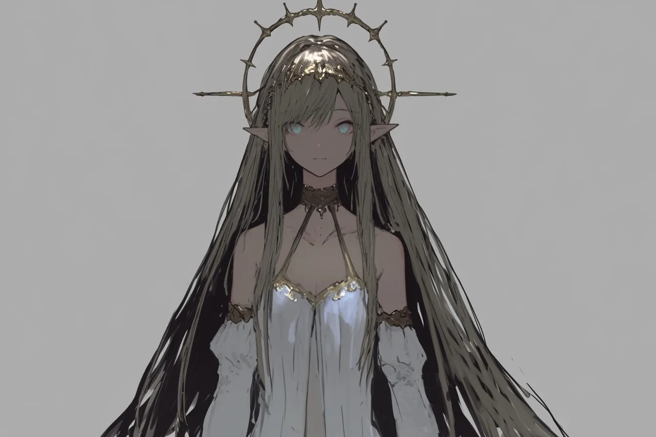 荘厳なる沈黙の女王キャラクター｜無言のまま立つ女王キャラクターは、荘厳な金の輪と長髪が重厚な雰囲気を生み出します。薄暗い色調と静かな眼差しが、神殿に立つ神話的存在感を感じさせます。