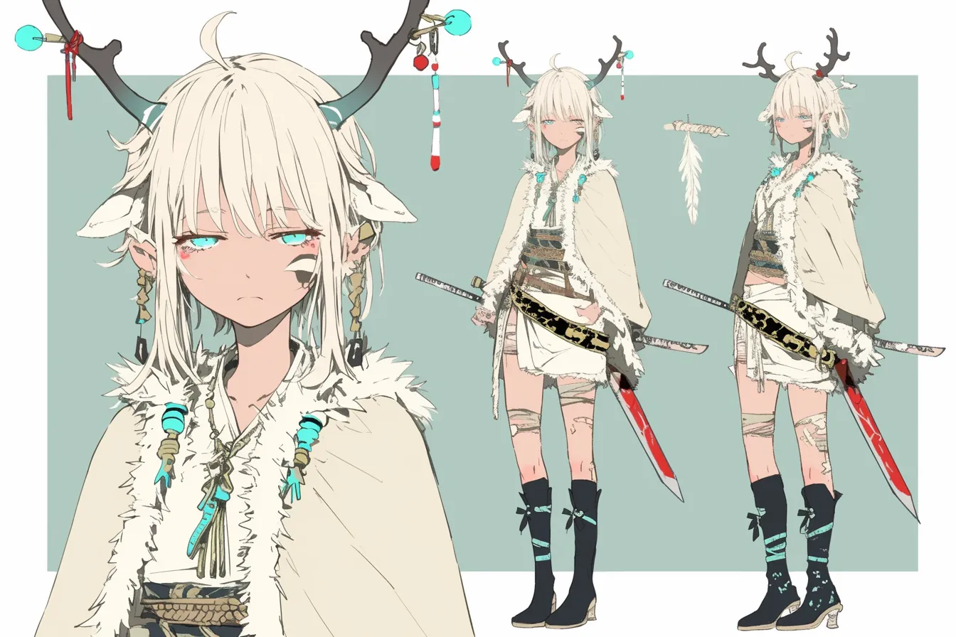 獣角の守護剣士キャラクター|角や装飾に自然信仰的な美しさが漂い、民族的な雰囲気に包まれている。神聖さと野性を融合させたような剣士キャラクターとして独自の魅力を放っている。