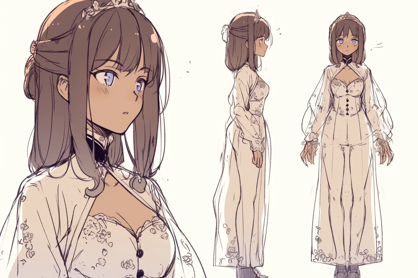 麗しき純白の姫キャラクター｜上品なレースとつややかな髪が調和した姫キャラクター。柔らかな光の描写と正統的な衣装が、クラシカルな気品を際立たせています。
