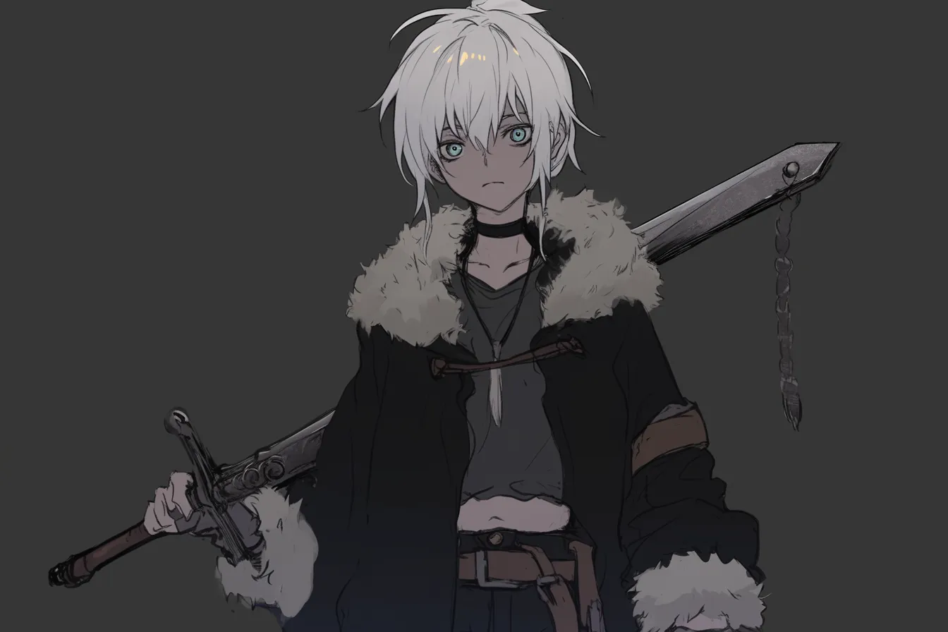 白髪と巨大剣の影剣士キャラクター|くすんだ色彩の中に白髪と大剣が際立ち、闇の中を進む姿に力強さが宿る。過去を背負いながら進む孤高の剣士キャラクターとして深い物語性を感じさせる。