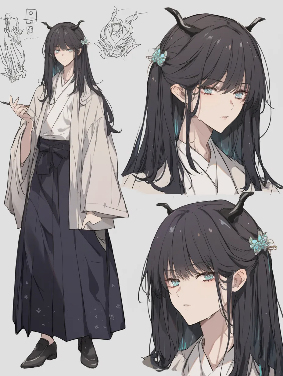 神キャラクター・漆黒の鎮魂使｜螺旋状の小さな角と冷たい水色の瞳が神秘的な女性。和装に施された意匠や蝶の髪飾りが儚さを際立たせ、神キャラクターとして死者を導く優しい存在を思わせる。