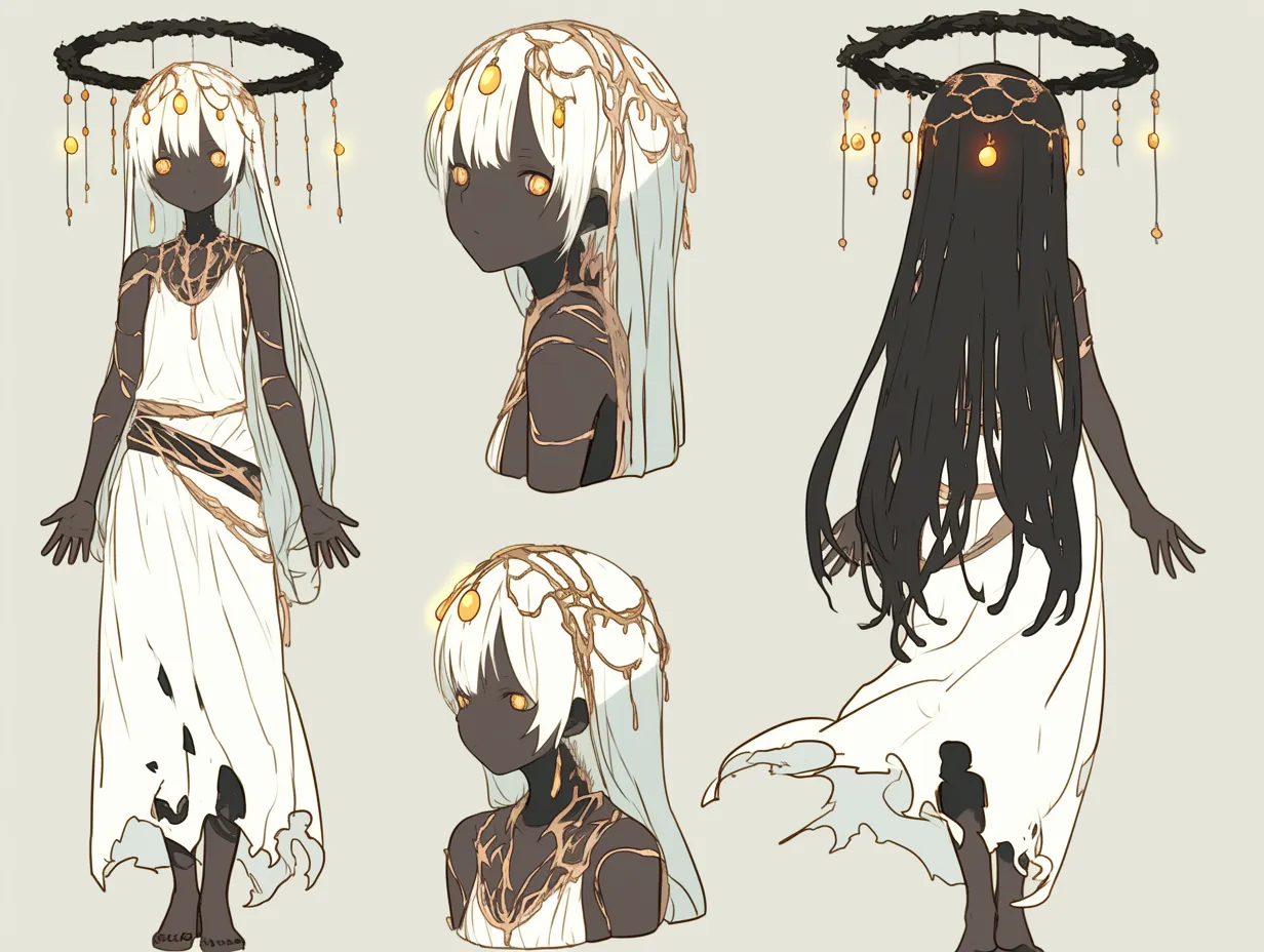 堕天の女神キャラクター｜闇に包まれた神秘性が際立つデザインで、金色の装飾と透き通るベールが荘厳な雰囲気を漂わせる。神域の境界に立つような存在感を持ち、女神キャラクターとして異世界的な魅力を放つ。
