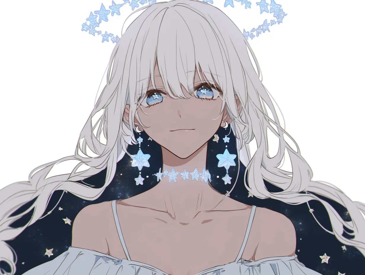 星影の女神キャラクター｜星の煌めきを纏ったデザインが夢幻的な空気感を演出。透き通る瞳や光のアクセサリーが幻想性を高め、夜空に舞う女神キャラクターとして印象的。
