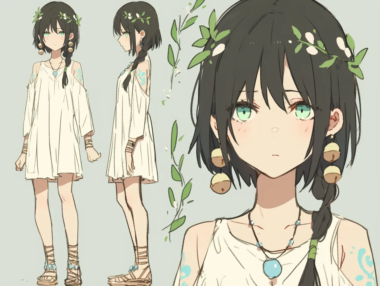 生命を宿す蔦の女神キャラクター｜蔦が身体に絡むナチュラルな女神キャラクター。白い服と緑のアクセントが自然との調和を描き、静かな力強さが感じられる。