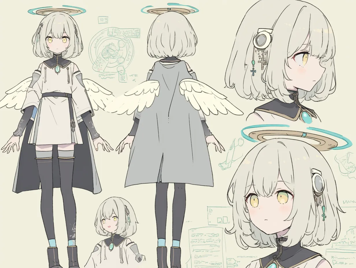 天使キャラクターの機械仕掛け少女｜光沢のある金属装飾や浮かぶホログラムが印象的な未来的天使キャラクター。機械と天使の融合感がユニークで、神秘性と科学的魅力を両立させています。