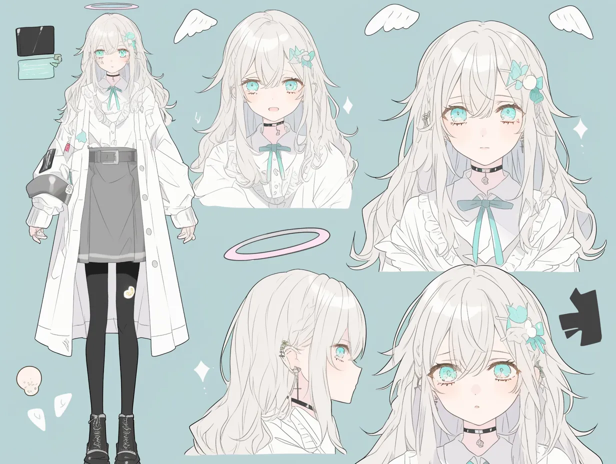 天使キャラクターの実験服の少女｜実験器具や装飾が印象的な、近未来感あふれる天使キャラクター。ホワイト×グレーの制服風衣装に差し込まれたリボンやアイコンが、現代的なキュートさを引き立てます。