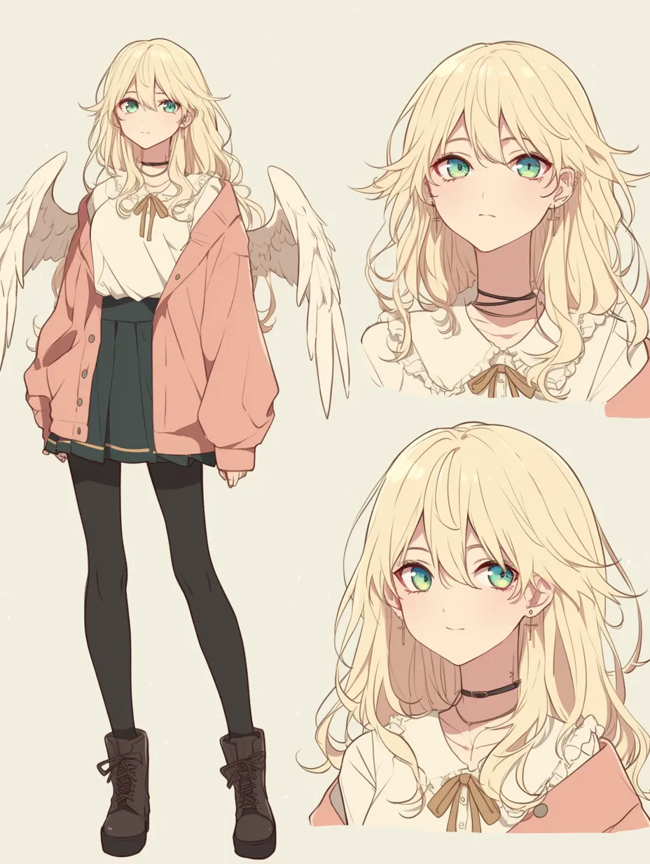 天使キャラクターのカーディガン少女｜ピンクのカーディガンとふんわりとしたカールヘアが愛らしい天使キャラクター。明るい表情と柔らかい配色が、親しみやすく明朗な雰囲気を作り出しています。