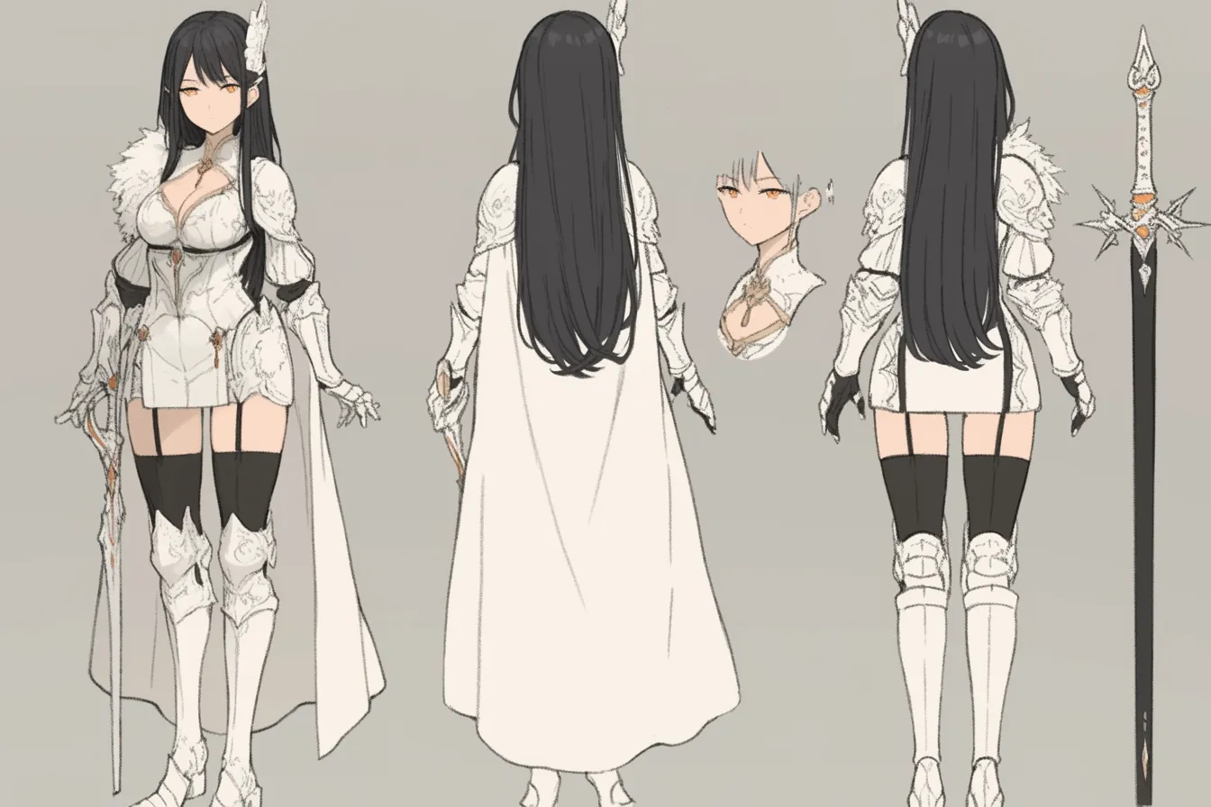 寡黙な白銀の女騎士キャラクター|純白の甲冑と黒髪のコントラストが、芯のある美しさを際立たせる騎士キャラクター。感情を押し殺したまなざしが、重厚な過去を暗示する。