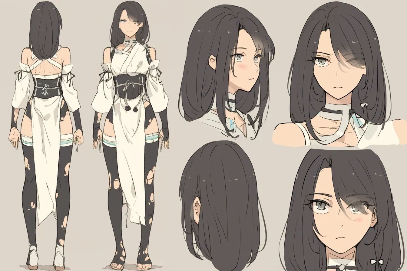 無垢な眼差しの武士キャラクター|白を基調とした衣装にボロが目立つ構成が、過去の戦いを物語る。落ち着いた表情とミニマルな髪型が、静けさと芯の強さを感じさせる武士キャラクター。