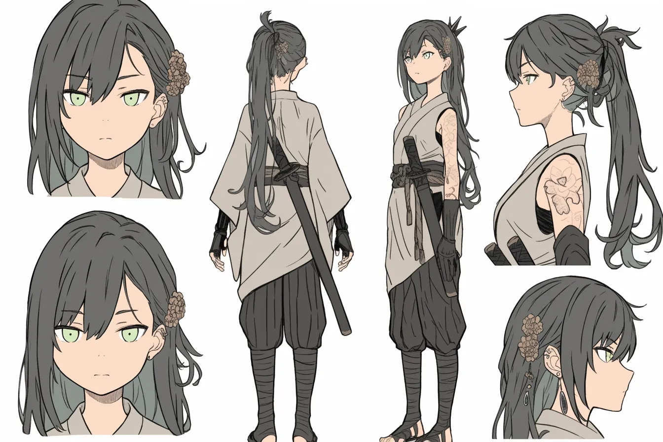 花飾り纏う冷静な武士キャラクター|黒髪に花飾りを差し込んだ上品な印象のキャラクター。控えめな表情と落ち着いた装いが、冷静で実直な武士キャラクター像を演出している。