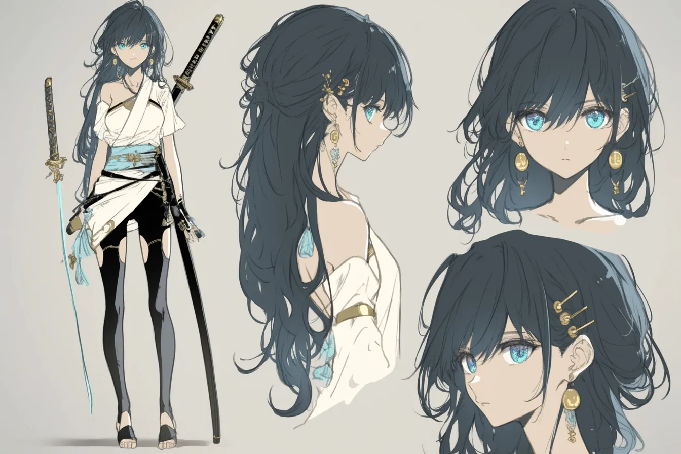 装飾美あふれる武士キャラクター｜金と水色の装飾が幻想的な華やかさを添え、対照的に鋭い瞳と構えが芯の強さを映し出す。魅惑と力を兼ね備えた華麗な武士キャラクター。