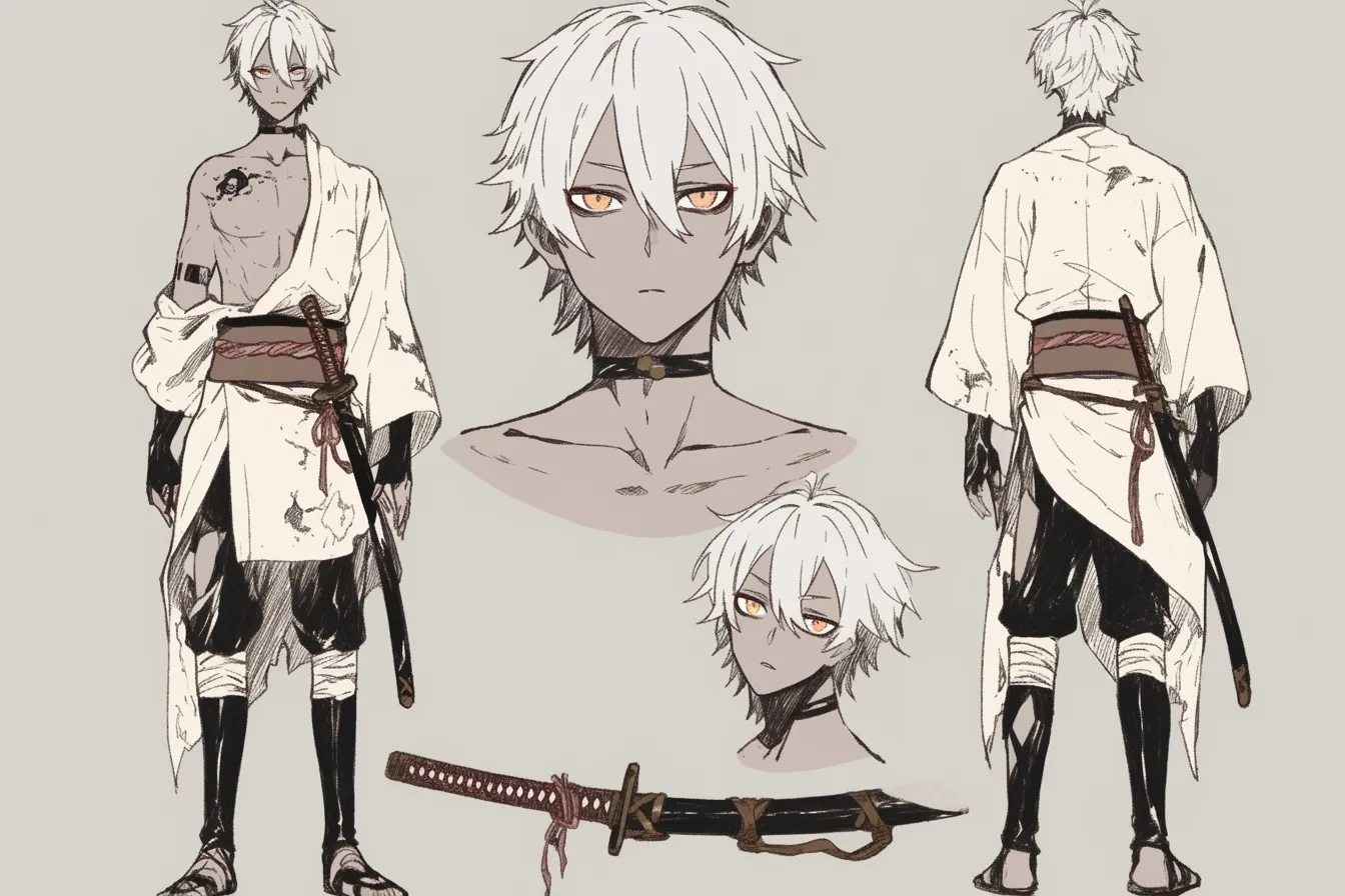 傷を抱く孤高の武士キャラクター｜白髪と片目の傷が印象的な、過去に多くを背負った雰囲気の青年。無駄のない装いと素朴な佇まいが、孤独と誠実さを語る武士キャラクター。