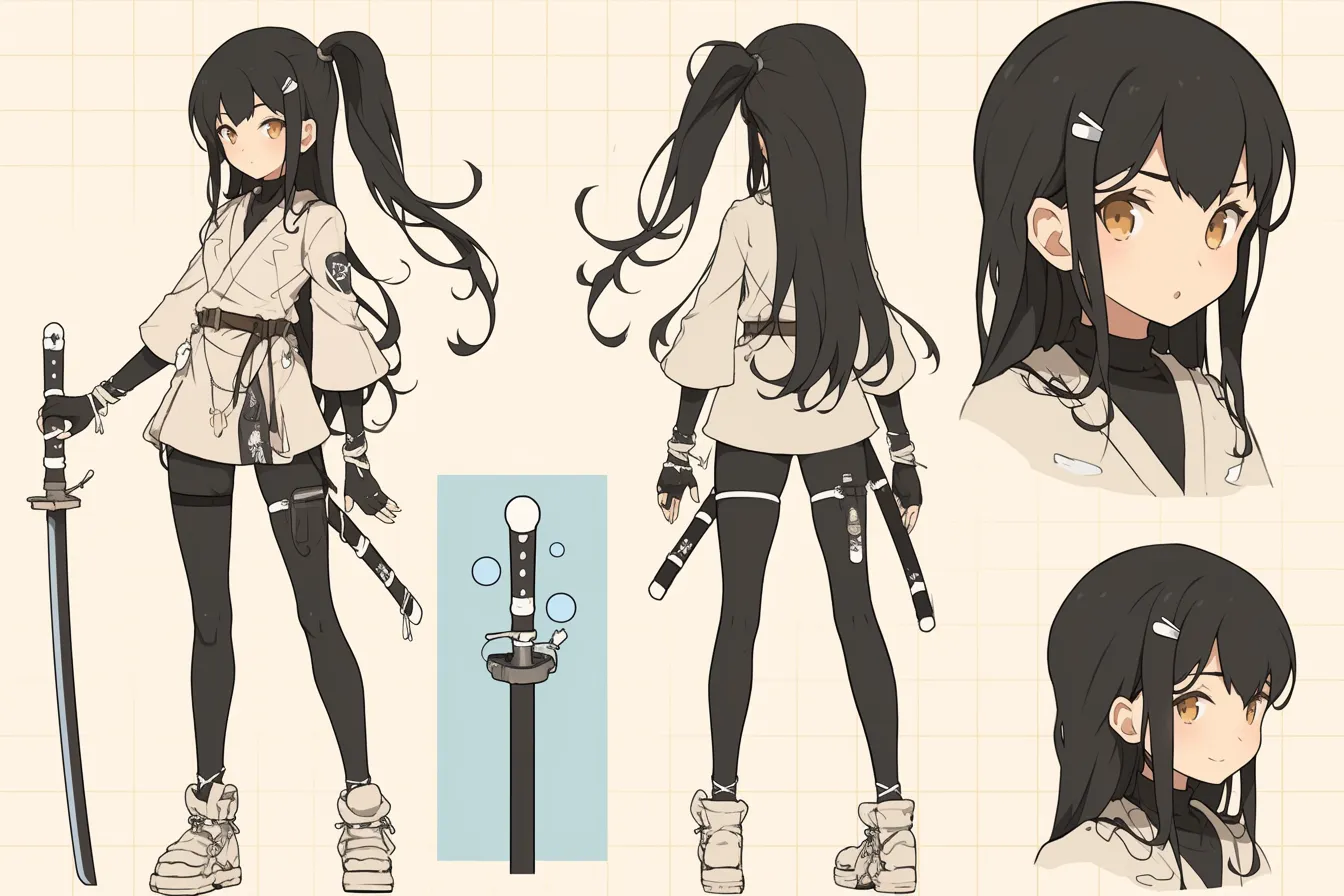 元気で無骨な少女武士キャラクター｜高めのポニーテールと動きやすい服装が活発な印象を与える。デフォルメ感と構えにキレがある、若さと強さを併せ持つ軽快な武士キャラクター。
