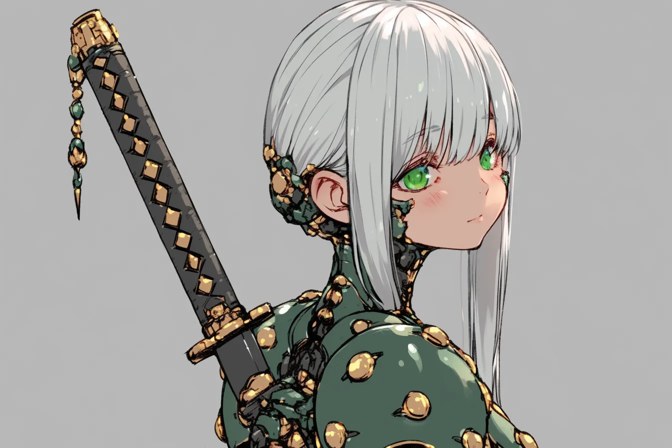 異質の美を持つ武士キャラクター｜白銀の髪と翡翠の瞳が印象的な少女。身体を覆う装飾的な素材と金の縁取りが異世界的で幻想的な雰囲気を持つ、異形と融合した武士キャラクター。