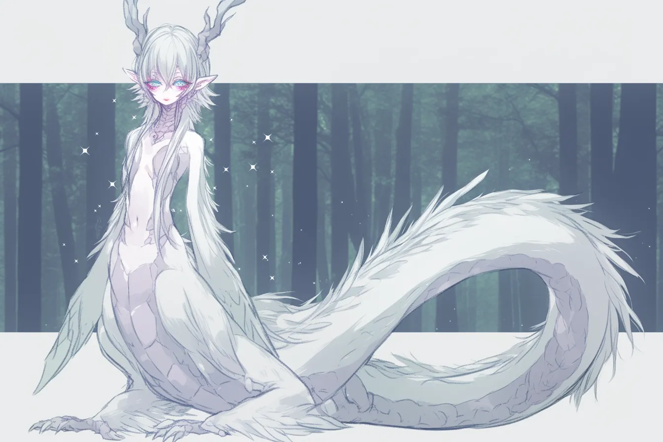 ドラゴンキャラクターの月影の精竜｜滑らかな体毛と輝く瞳が夜霧の中で浮かぶような存在感を放ち、森に住まう神獣としての品格を持つ。月光を纏うような柔らかさが魅力のドラゴンキャラクター。