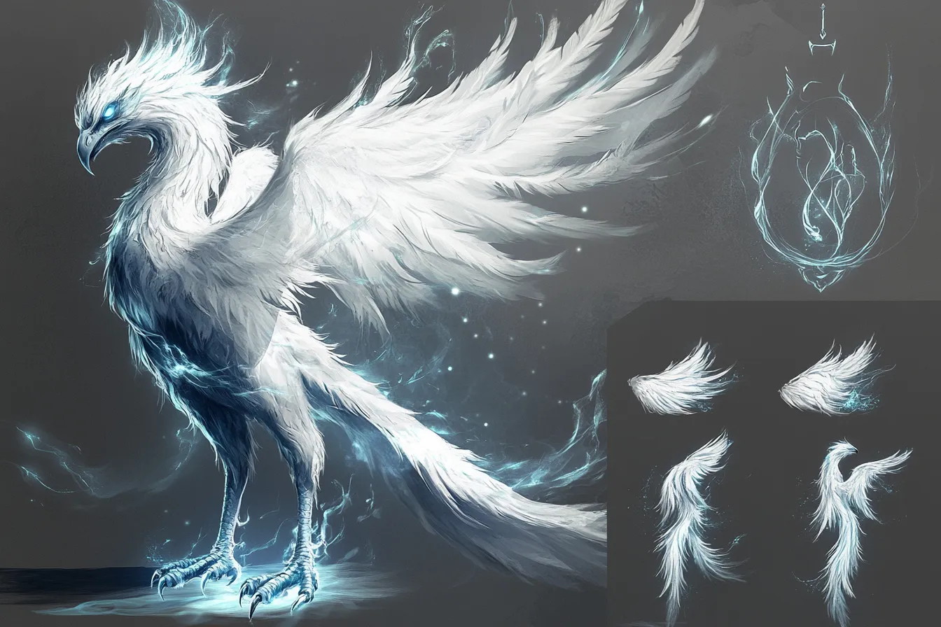 ドラゴンキャラクターの雷光の鳥竜｜電気を帯びた白い羽毛と鋭い目つきが、雷の化身であることを物語る。鳥と竜の中間的フォルムで、瞬間的な閃光のようなドラゴンキャラクターとして迫力を放っている。