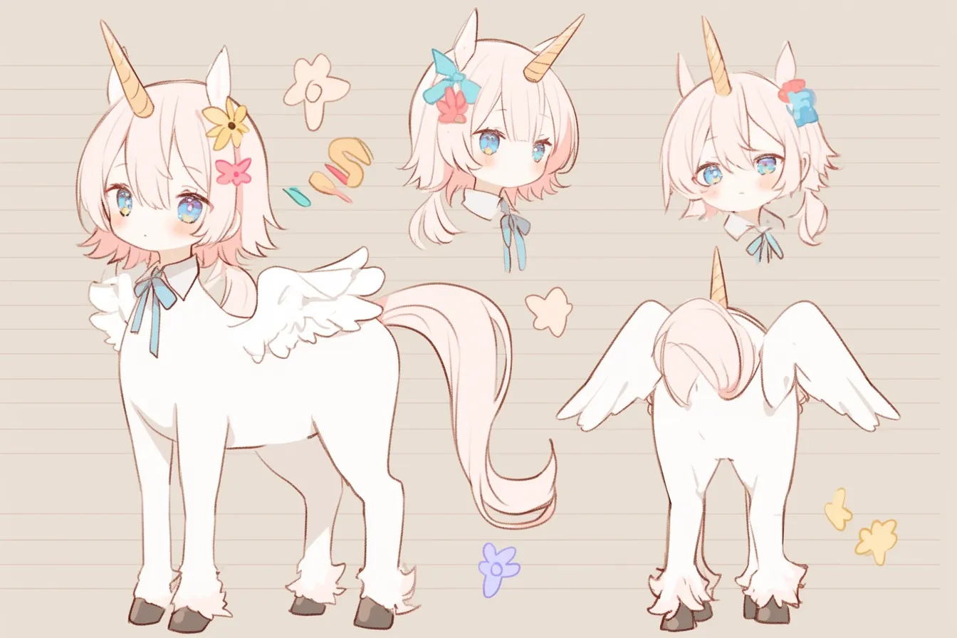 ユニコーンキャラクターのパステルの天使｜白い身体と花の飾りが愛らしく、ふわふわとした雰囲気が夢の世界の住人のよう。ポップで優しい印象のユニコーンキャラクターとして親しみやすさが際立っている。