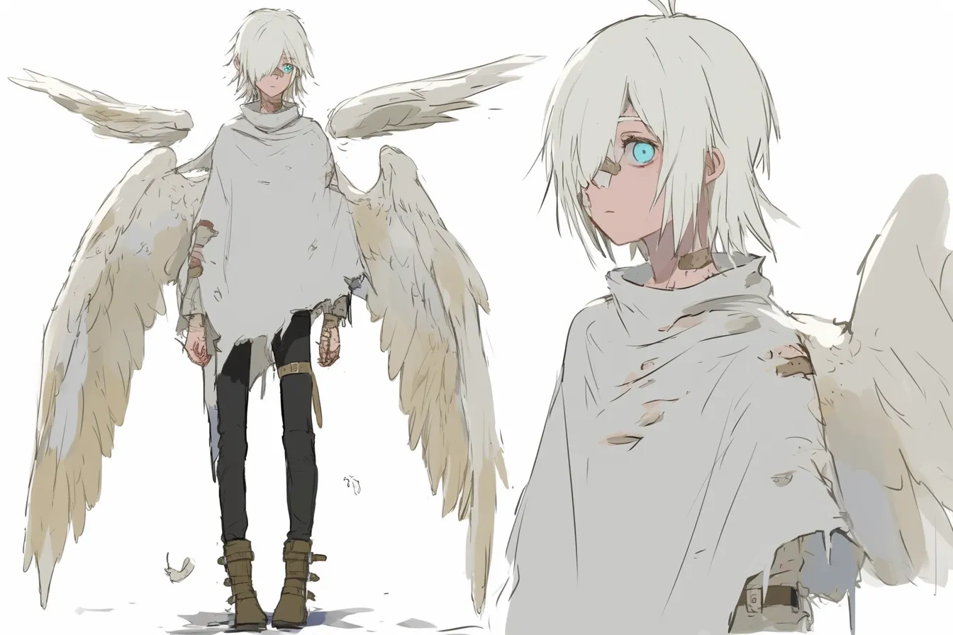 傷だらけのペガサスキャラクター｜傷ついた白い衣と羽が心を打つ、哀しみを抱えたペガサスキャラクター。抜け落ちた羽根と物憂げな表情が、かつての戦いや失われた記憶を静かに物語ります。