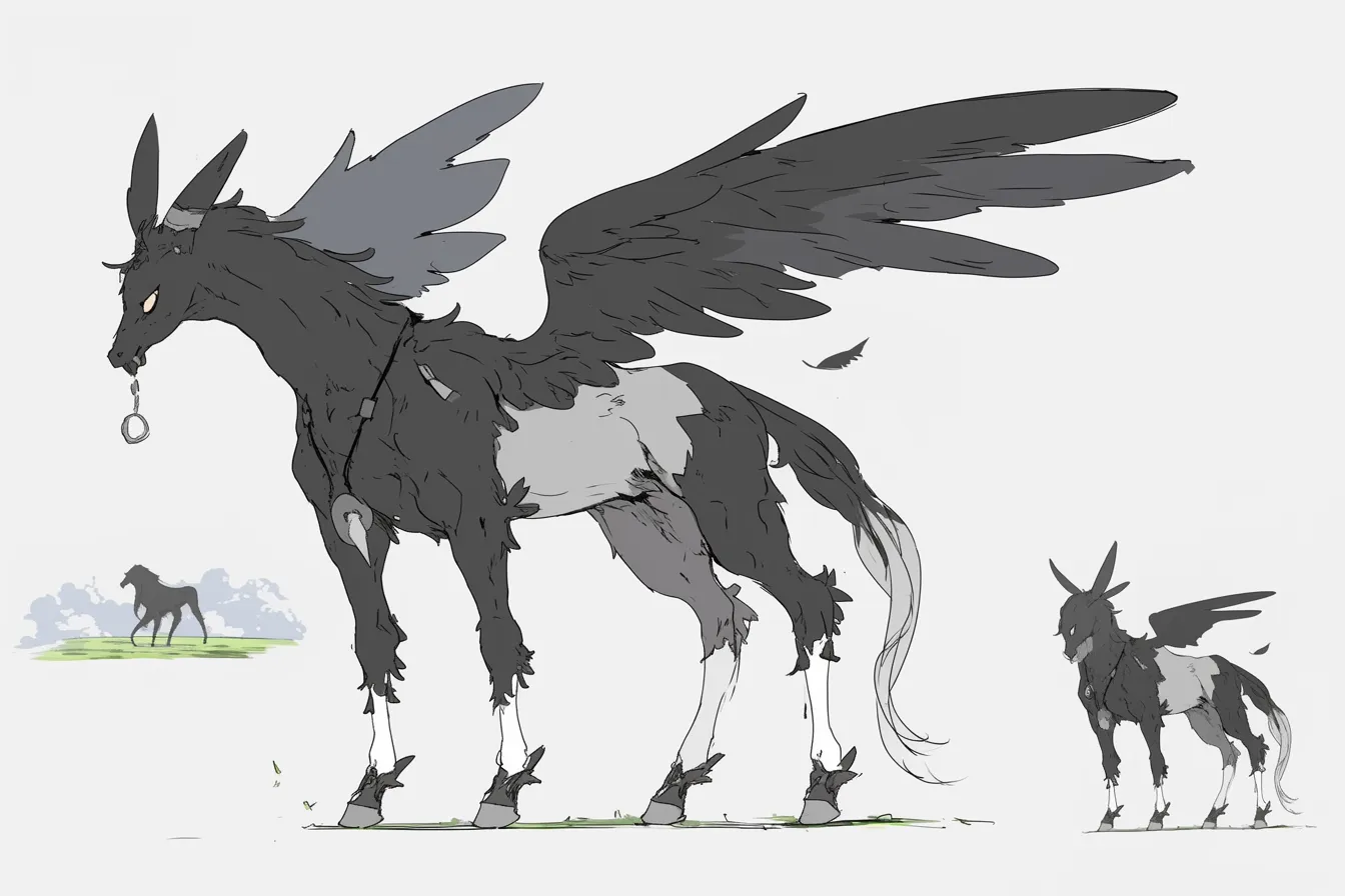 荒野をさまようペガサスキャラクター｜ボロボロに裂けた毛並みと煤けた羽根が印象的なペガサスキャラクター。鋭い眼光と鉄製の装飾が漂流者のような風格を強調し、荒野を彷徨う孤高の存在感を放っています。