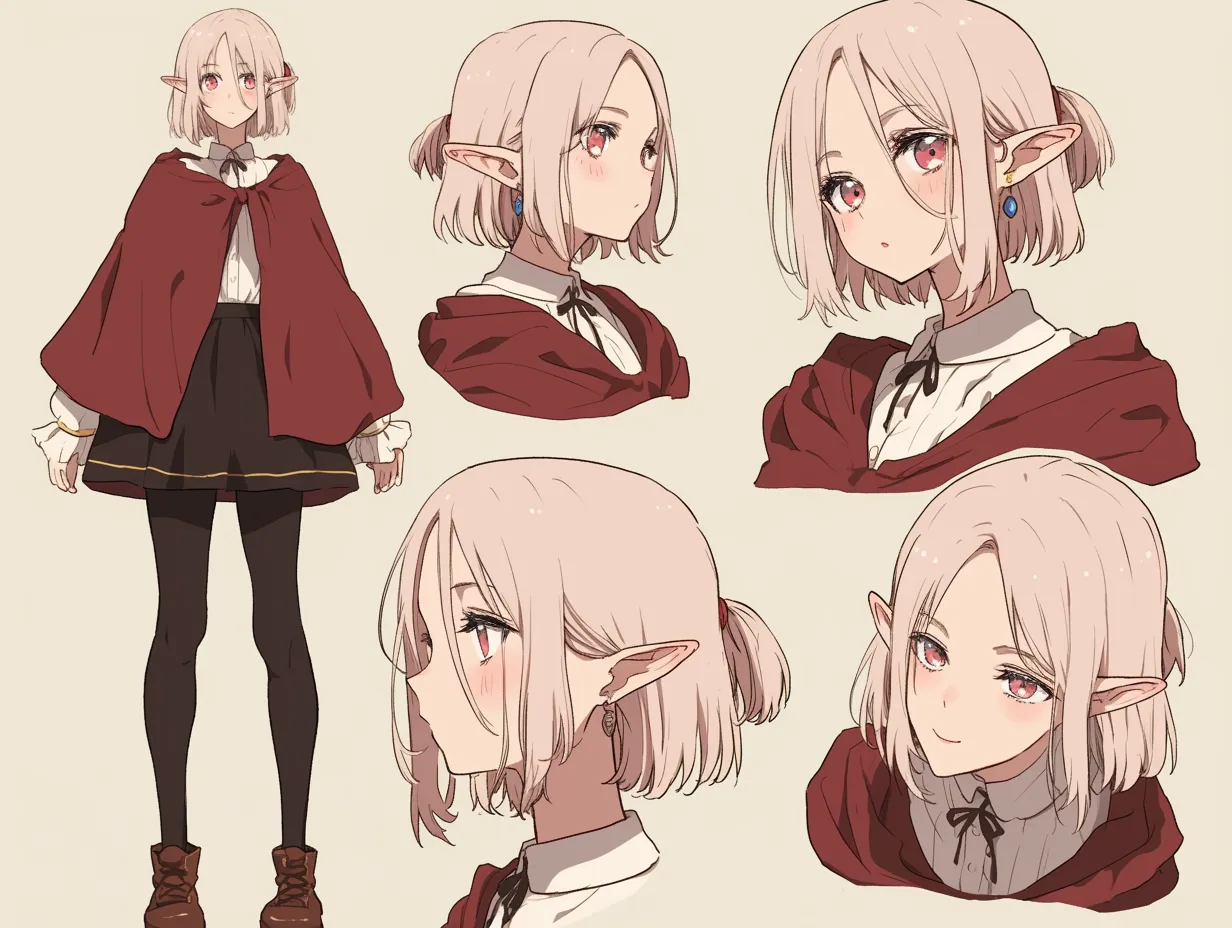 紅ずきん風のエルフキャラクター｜赤いマントと白いブラウスのクラシカルな組み合わせが印象的なエルフキャラクター。小柄で整った顔立ちと表情豊かな描写が、物語の主人公のような魅力を感じさせる。