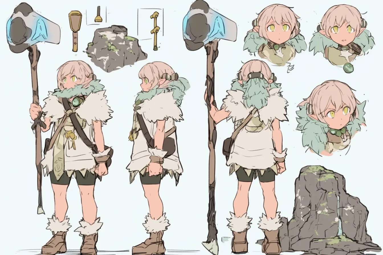 ドワーフキャラクター・鉱石砕きの少年｜巨大なハンマーと岩を背負った小柄なドワーフキャラクター。ふわふわの毛皮装備と淡色の配色が愛らしさを引き立てるが、岩を操る力強さも感じさせる。