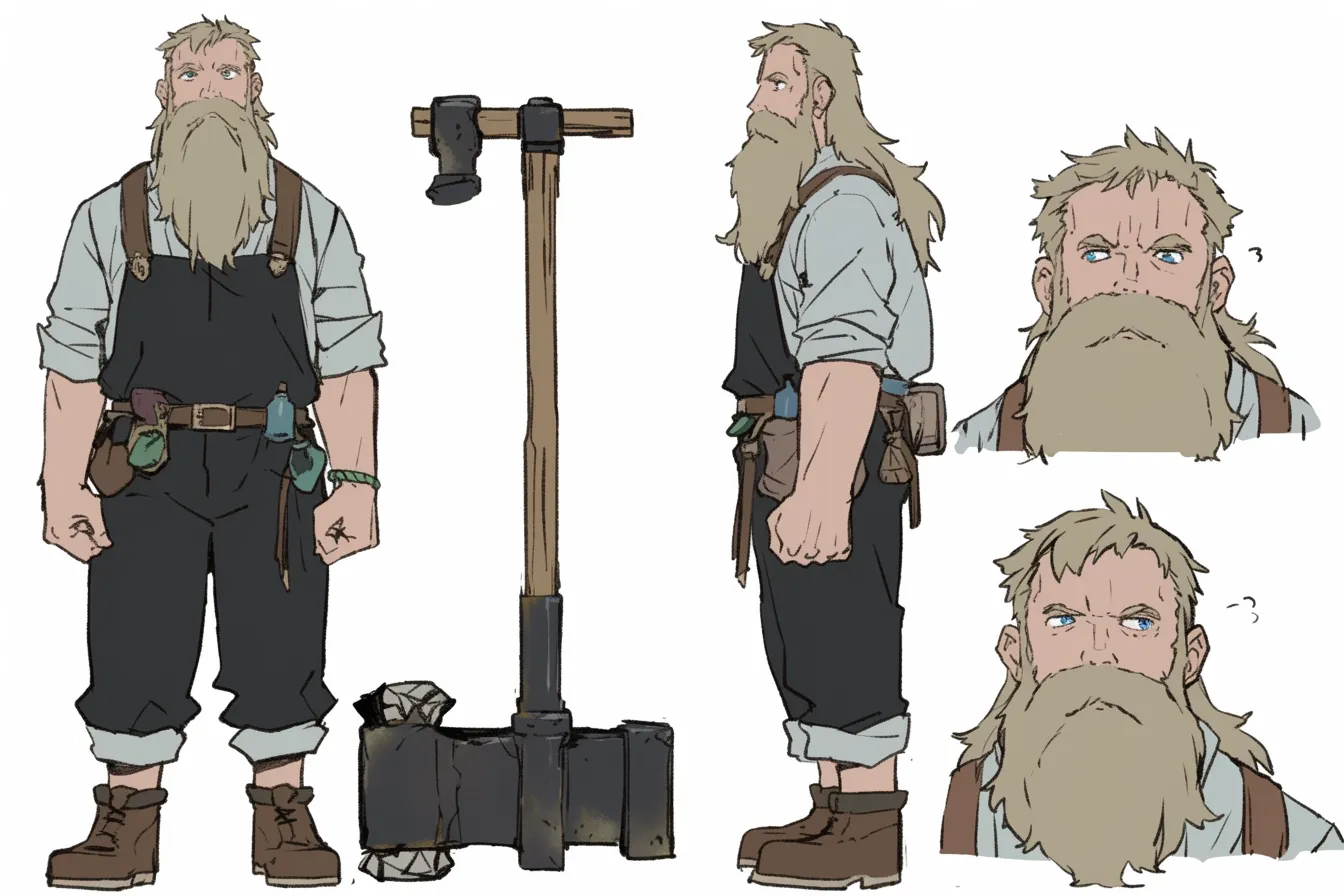 ドワーフキャラクター・無口な鍛冶職人｜頑丈な体格と豊かなひげが象徴的なドワーフキャラクター。作業着姿に各種ツールを備え、職人気質と実直さがにじみ出る堅実なデザインが魅力。