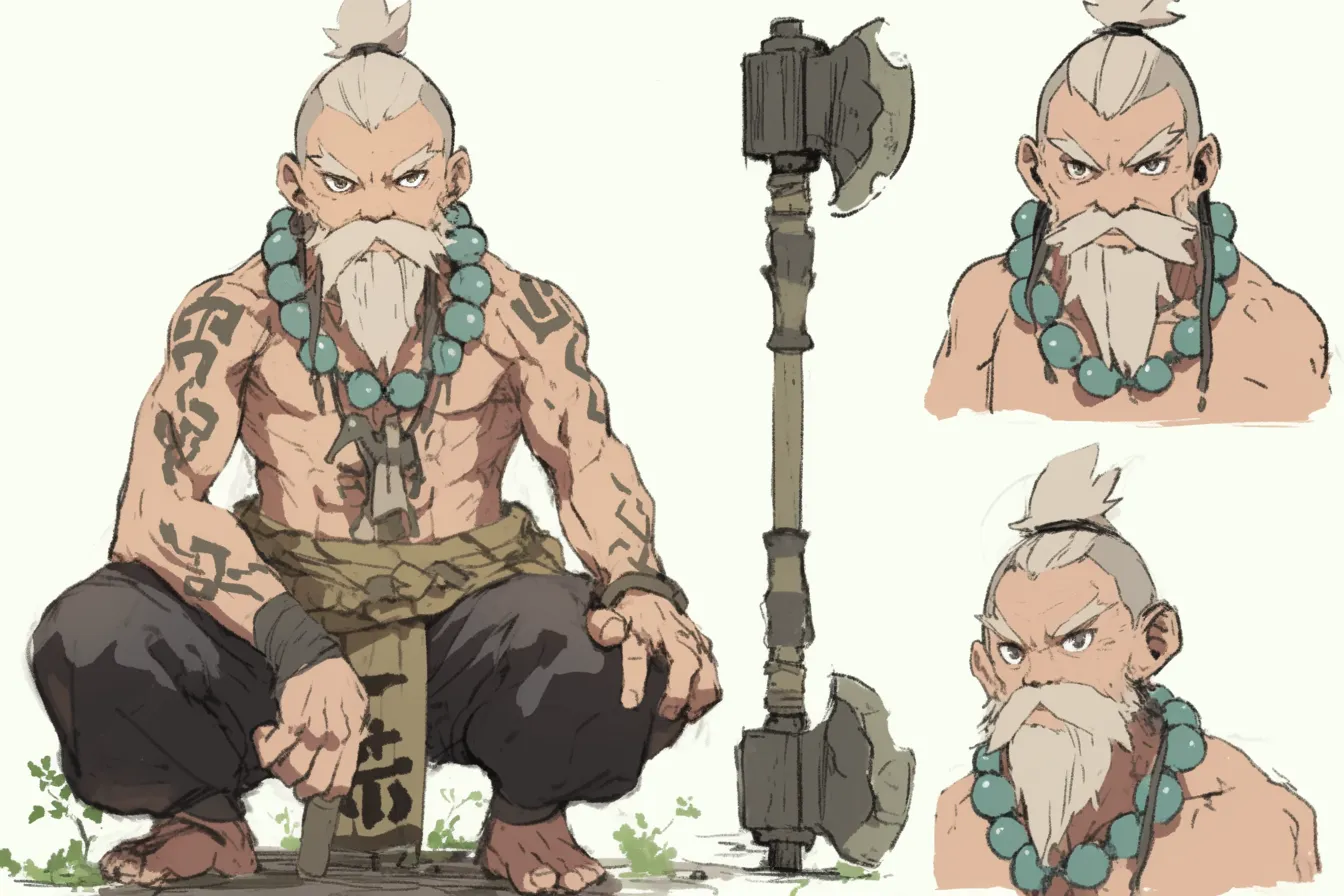 ドワーフキャラクター・戦斧の修羅｜筋骨隆々の体と刺青が迫力満点のドワーフキャラクター。荒々しさと信仰的な要素が融合し、威圧感の中にも修行僧のような風格が漂う。