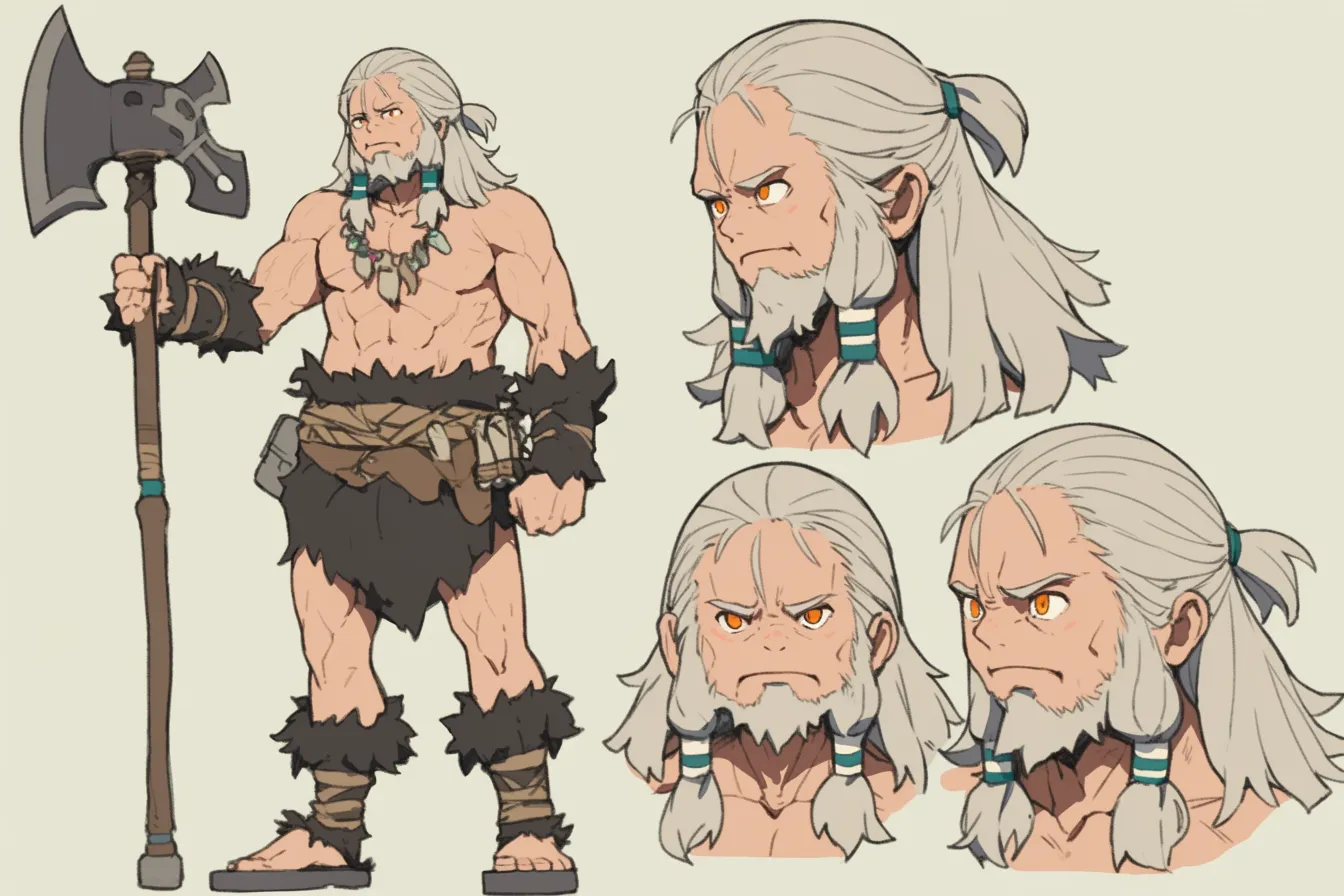 ドワーフキャラクター・山林の戦士｜毛皮をまとい斧を構える原始的な印象のドワーフキャラクター。力強い造形と野性的な風貌が、自然と共に生きる戦士の存在感を強く打ち出している。