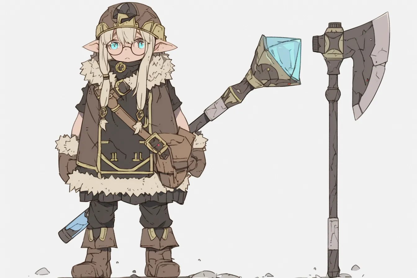 ドワーフキャラクター・氷原の探鉱士｜ゴーグルと分厚い防寒装備に身を包んだドワーフキャラクター。冷地探索向けの装備と繊細な道具描写が、寒冷地の職人らしい丁寧さを感じさせる。