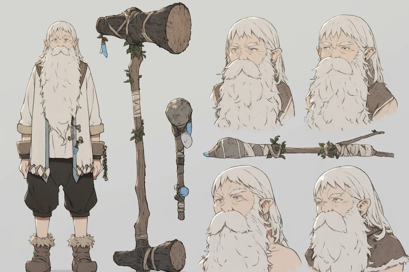 ドワーフキャラクター・古の賢者｜長い白髭と木製の杖が象徴的な長寿のドワーフキャラクター。柔らかい線画と落ち着いた配色が、自然と調和する老賢者の雰囲気を醸し出す。