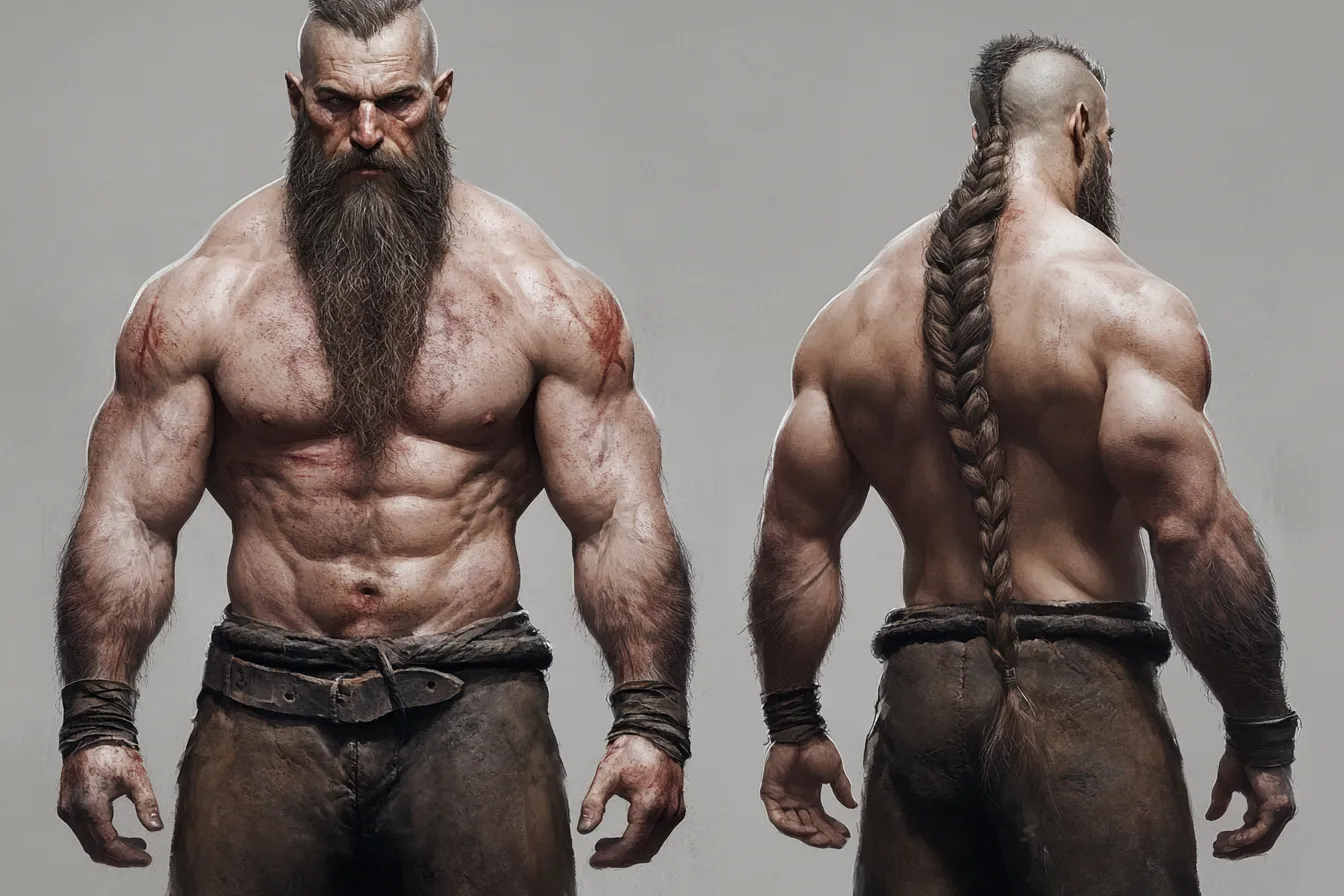 ドワーフキャラクター・剛拳の戦士｜隆起した筋肉と長く編み込まれた髪が特徴のリアル寄りのドワーフキャラクター。全体的に写実的な描写で構成され、圧倒的な存在感を放つ。