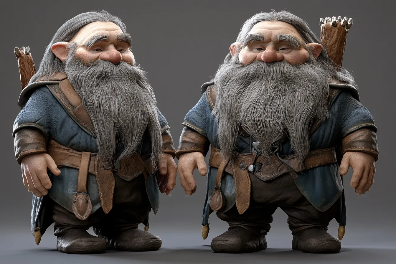ドワーフキャラクター・熟練の狩人｜リアルな質感と深みのある衣服で構成されたドワーフキャラクター。長い白髭と風格ある装いが、年季の入った山岳の猟師としての雰囲気を強く感じさせる。