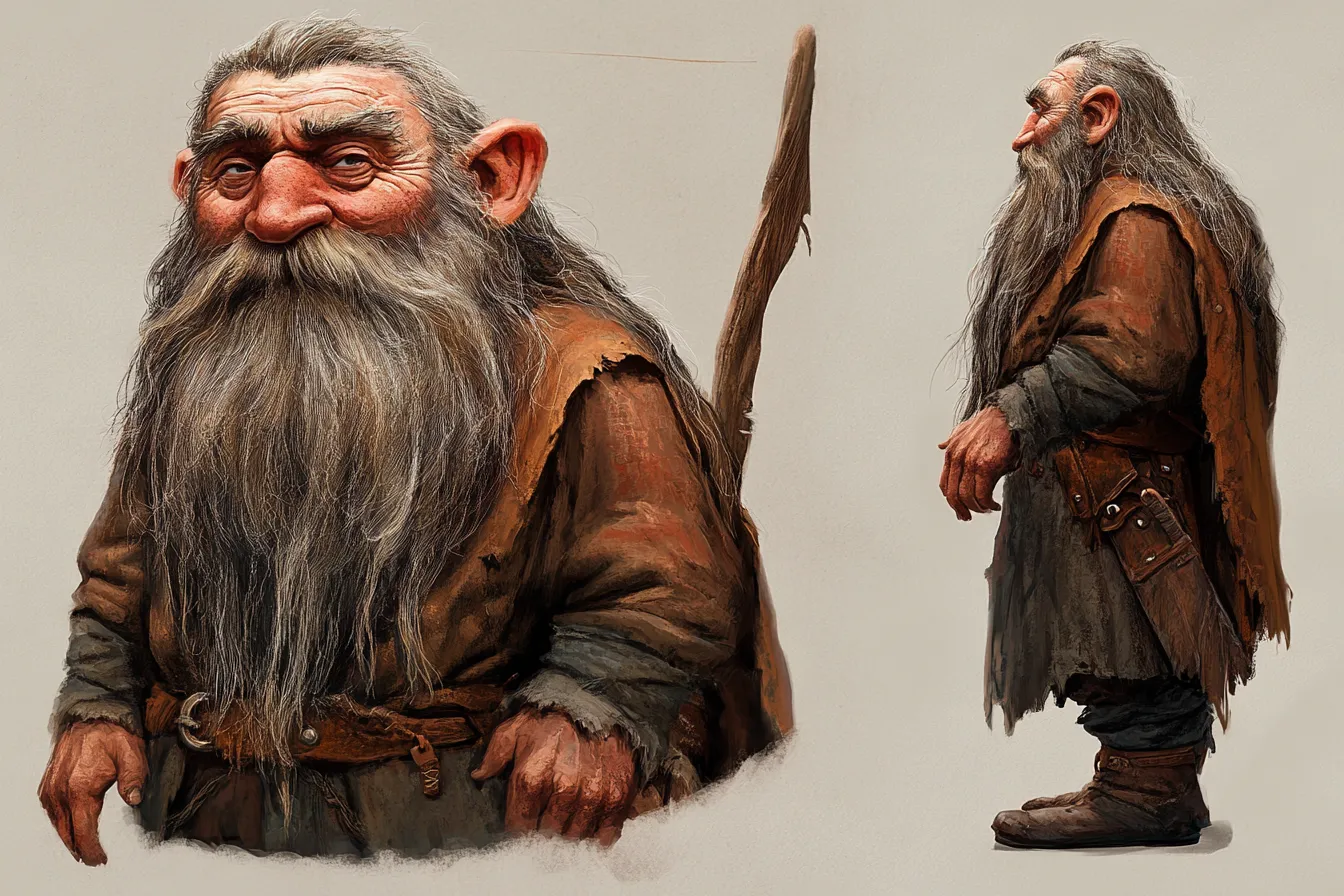 ドワーフキャラクター・森の守り人｜革と布の素材感が丁寧に描かれた、伝統的スタイルのドワーフキャラクター。山林を拠点とした生活者らしい装備と、親しみやすい風貌が調和している。